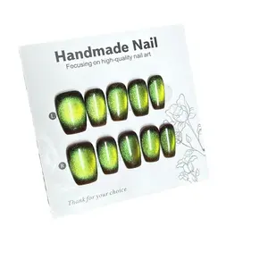 Women's Handmade Reusable Luxury Emerald Cat Eye Press-On Nails, Green Magnetic Chrome Set for Nail Art Decoration