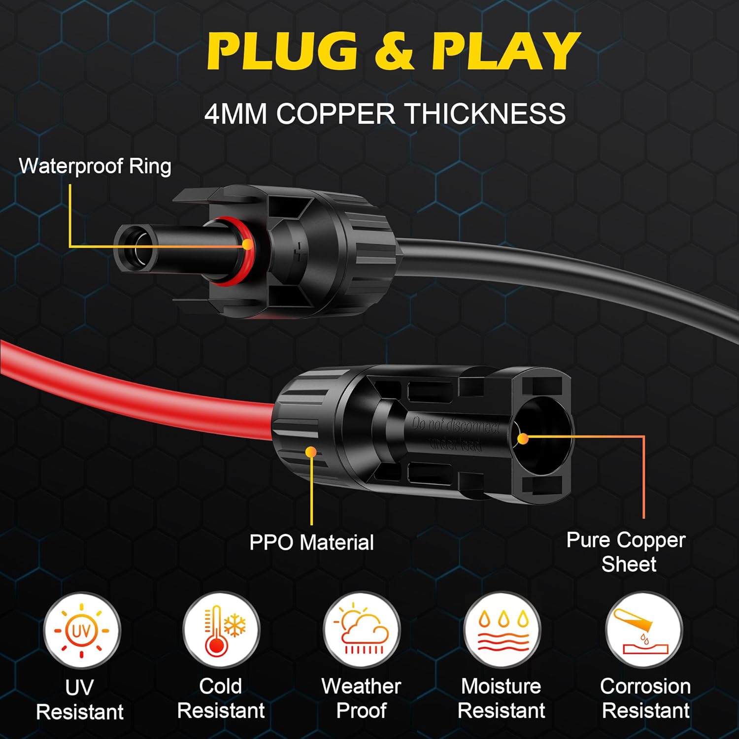 Solar Cable Solar ExtensionCable 10AWG Solar Panel Extension Cable with Female and Male Connectors Waterproof