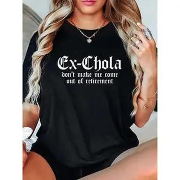 Women's "Ex-Chola" Fun Pattern T-shirt-Black T-shirt, white bold lettering, short sleeves, casual Chikana style