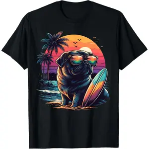 Women's 100% Cotton Round Neck Shortsleeve Comfortable Lightweight Top - Breathable Casual T-Shirt, Funny Pug Lover & Colorful Surfing Puppy Summer Beach Sun Design