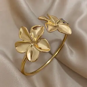 FASHION4U - Greatera Stainless Steel Double Flower Cuff Bracelet Bangle for Women Gold Color Metal Floral Bracelets Waterproof Party Jewelry