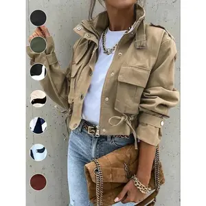 Women's Fall Casual Fitted Biker Jacket, Short Woven Coat with Pockets & Zipper, Long Sleeve Outerwear for Autumn Fashion