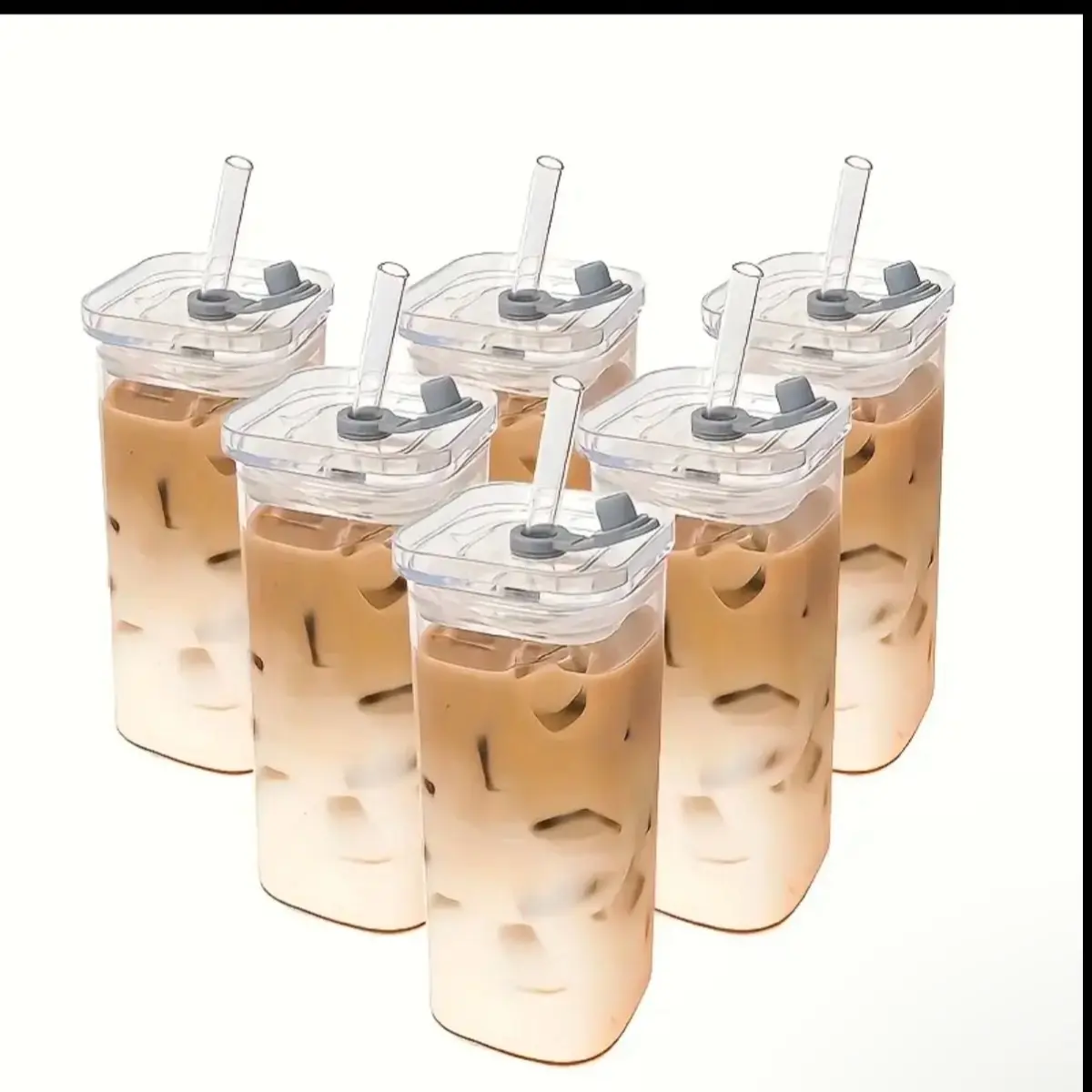 6 pcs Portable Square Glass Mugs with Lids - Perfect Coffee Mugs for Office, Home, School, and Outdoor Use - Includes Glass Lid/Straw, Great Gift for Mug Collectors