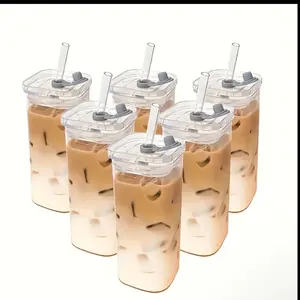 6 pcs Portable Square Glass Mugs with Lids - Perfect Coffee Mugs for Office, Home, School, and Outdoor Use - Includes Glass Lid/Straw, Great Gift for Mug Collectors
