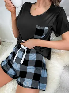 Women's Black & Blue Plaid Patchwork V-Neck Short Sleeve Pajama Set - Casual Summer Homewear Loungewear Sleepwear Pjs Womenswear