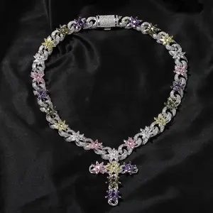 M2-2125 Niche Design Cross Necklace, Colorful Ice Flower Pattern, Unisex Zircon-Inlaid Hip Hop Jewelry, Winter Trendy Accessory Complimentary shipping