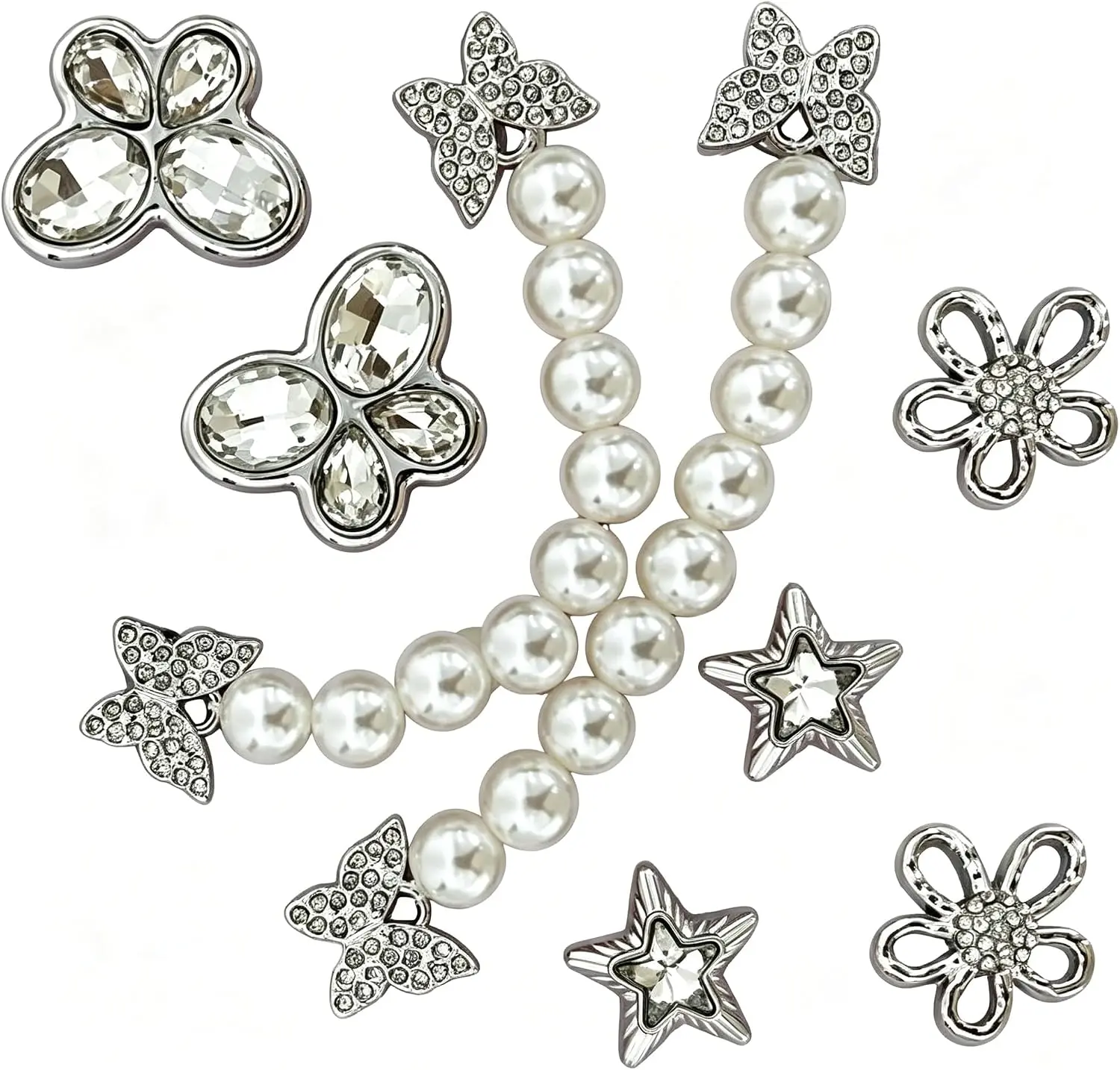 GOTO Shoe Decoration Charms - Star-Shaped, Bling-Style with Crystal Accents and Faux Pearls, Push-Buckle Design for Party Wear