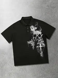 Black polo collar short sleeved t-shirt men's cross polo collar t-shirt skull print black shirt collar t-shirt Y2K shirt summer clothes dark gothic polo Streetwear Casual