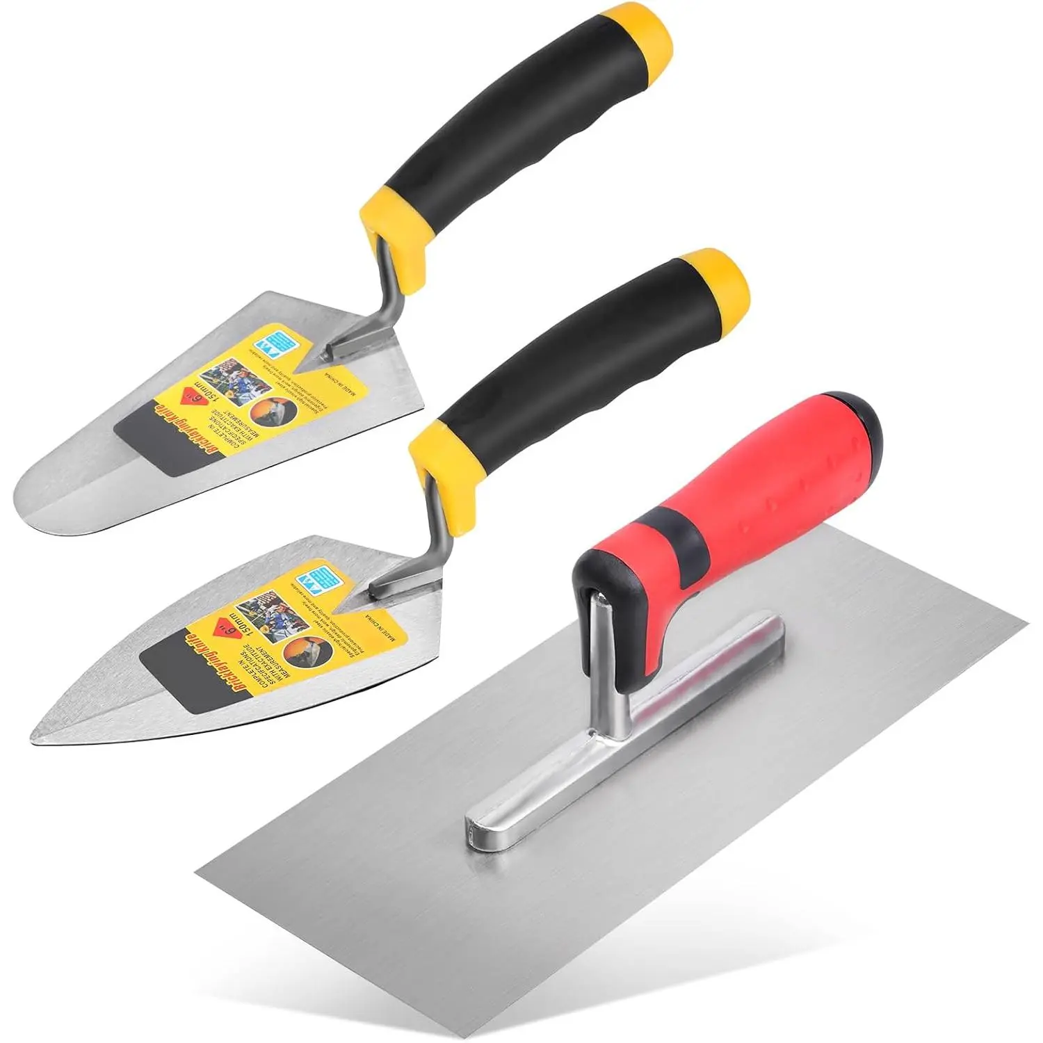 3-Piece Masonry Tool Set - 6" Pointing Trowel, 11"x4" Stainless Steel Flat Finishing Trowel with Soft Grip Handles for Concrete, Plaster Work, Contractors, Flat Trowels