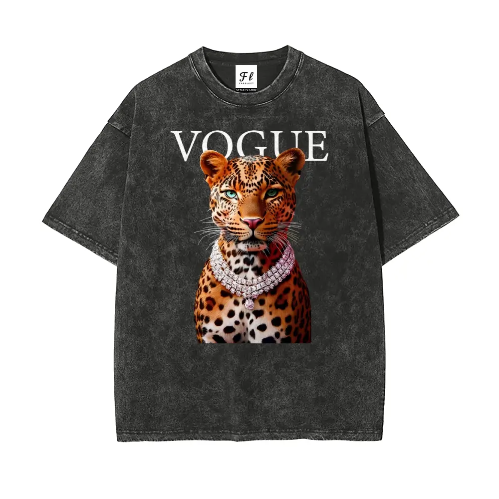 Men's Oversized Short-Sleeve Cotton T-Shirt - Menswear Retro High Street Vintage Streetwear Top, Vogue Luxury Leopard Diamond Necklace Graphic, Washed Stretch Fabric