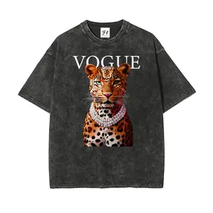 Vogue Luxury Leopard Diamond Necklace Graphic Washed T-Shirt, High Street Vintage Streetwear Top