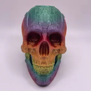 Cyborg Skull Figurine 3D Printed – Futuristic Rainbow Tech Skull for Home or Desk Display