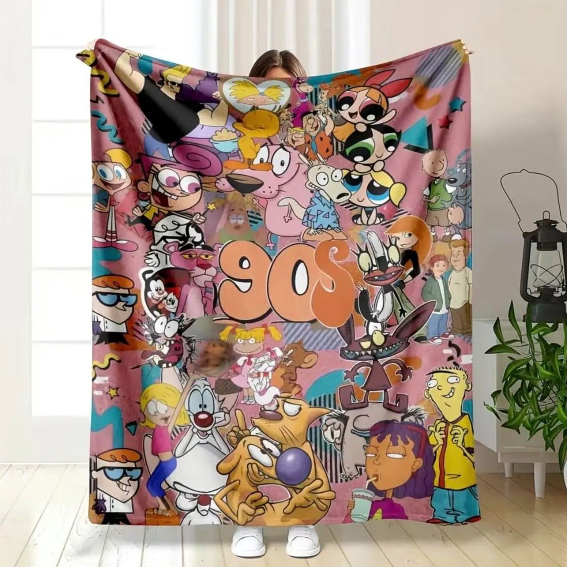 90s Nostalgic Cartoon Character Collage Pattern Flannel Fleece Blanket, Wrinkle Resistant Ultra-Soft Lightweight Plush Warm Throw (30*40inch Small for Babies, 50*60inch Medium for Teens, 60*80inch Large for Adults) for Bedroom, Home Decor, Birthday Gifts