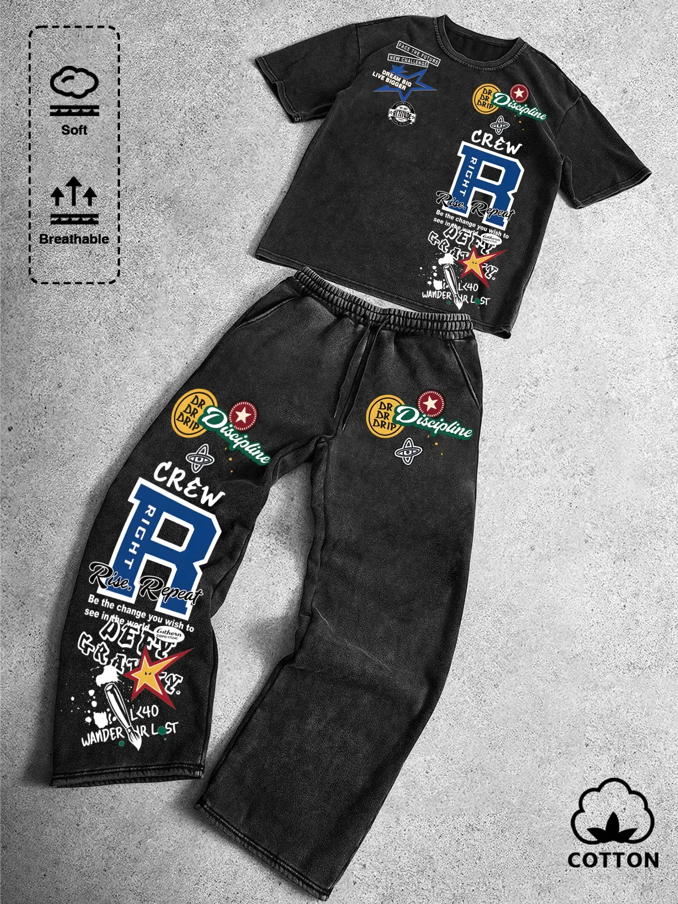 TikTok Viral Streetwear 2 Piece Tracksuit, 90s Retro Star & Letter Graphic Print Oversized T-Shirt + Baggy Sweatpants Set, Soft Cotton Breathable Casual Outfit, Hip Hop Urban Style Y2K Outfit for Men, Ideal for Daily, Party & Street OOTD