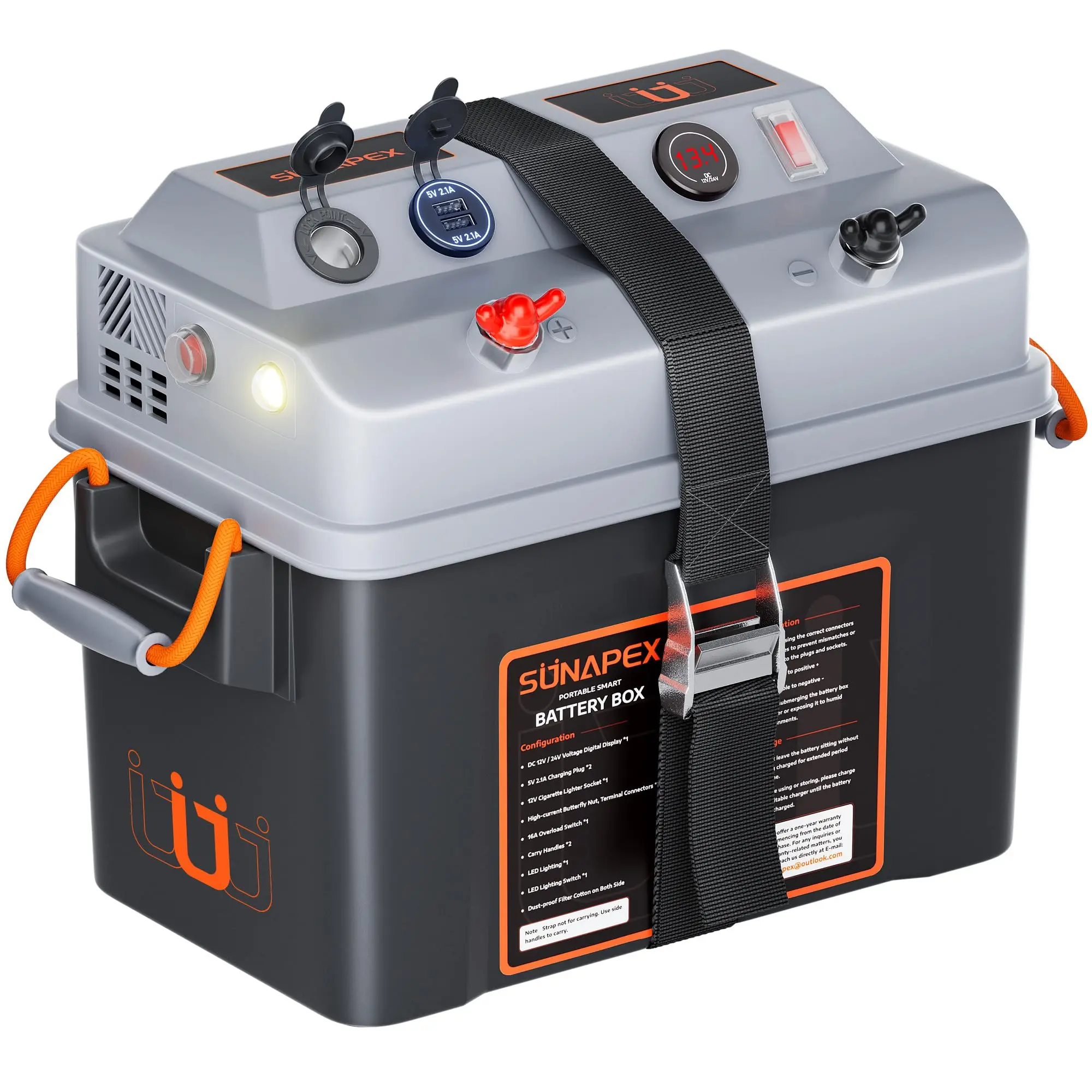 SUNAPEX Portable Outdoor Smart Battery Box - Dual Voltage 12V/24V Off Grid Supplies Power Center, Multi Ports, Circuit Breaker, 30A Fuse Safety, Digital Voltmeter, Overload Cut-Off, PD Type-C QC3.0 for Solar Panels, Trolling Motor (Battery Not Included)