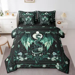 Greens Dragon - 7 PCS Bed in a Bag, Set,Flying Dragon Comforter Set,Moon Bedding Sets with Comforter,Flat Sheet,Fitted Sheet,Pillowcases,Pillow Covers