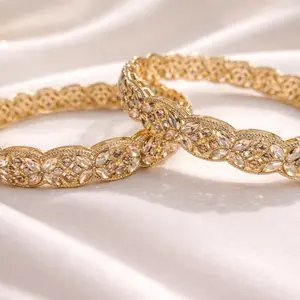 Gold Tone Rhinestone Bangle Set - Elegant Flower Design - Perfect for Weddings & Special Occasions
