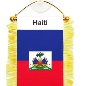 G128 Haiti Haitian Fringy Flag | Fringy Hanging Double Sided Flag with Suction Cup, Window and Car Rearview Mirror Decor
