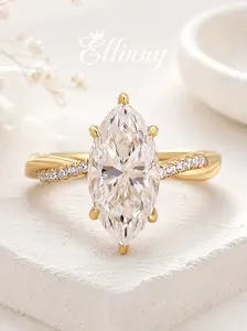 Effinny 14K Gold Plated Synthetic Lab Created Moissanite 3 Carat Excellent D Color VVS1 Marquise Cut Engagement Ring with Twisted Band, Fashion Travel- friendly Promise Jewelry for Women