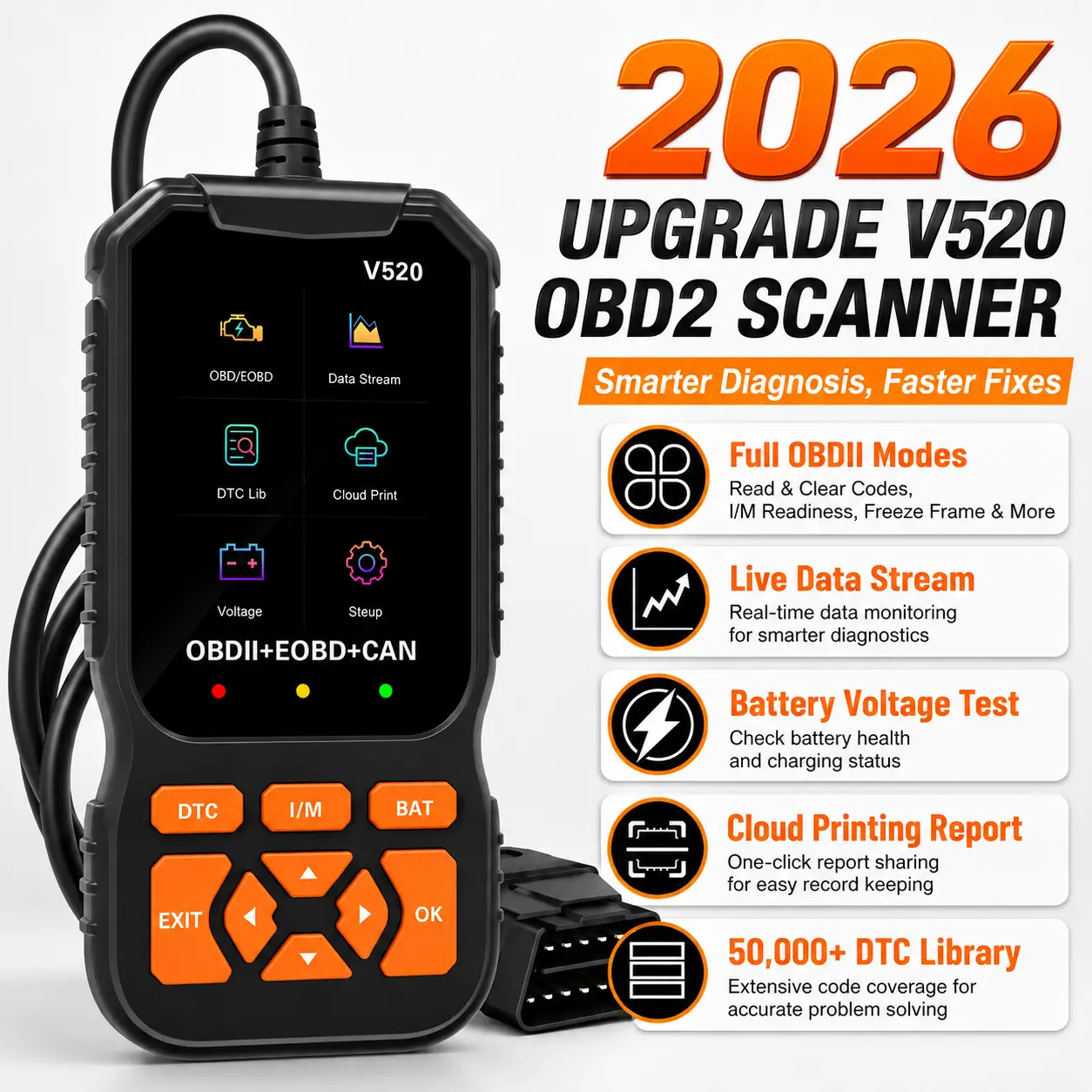 2026 Upgraded V520 OBD2 Scanner, Full OBDII Code Reader with 2.4" Color Screen, Read & Clear Engine Codes, Live Data Stream, Battery Voltage Test, DTC Lookup, Cloud Print Report, Car Diagnostic Tool