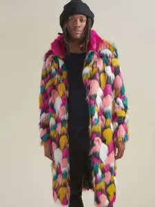 Men's Faux Fur Coat, Casual Trendy Coat, Colorful Collar Stand-Up Collar Long Jacket, 100% Polyester Fiber Soft Comfortable for Fall Winter Daily Wear