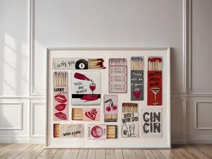 Vintage Matchbox Poster No Framed, Horizontal Matches Posters, Retro Matchbook Wall Art, Funky Red Aesthetic Print For Apartment, Retro Bar Cart Art