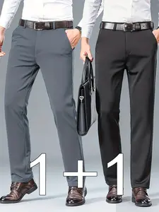 Men's New Loose Straight Leg Elastic Plain Pocket Business Pants, Anti-Wrinkle Iron-Free Comfortable Casual Workwear, 2 Piece Set