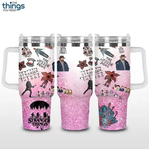 Pink Stranger Thin Inspired Tumbler 40oz & 20oz, Insulated Stainless Steel Travel Mug with Handle & Lid, Double Wall Vacuum Cup, 80s Aesthetic Gift, Water Bottle, Daily Use