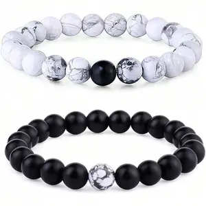 Couple Distance Relationship Bracelets (1 Pair/2 Pairs) | Black Matte Agate & White Energy Beads | Ying Yang Balance Bangles For Lovers