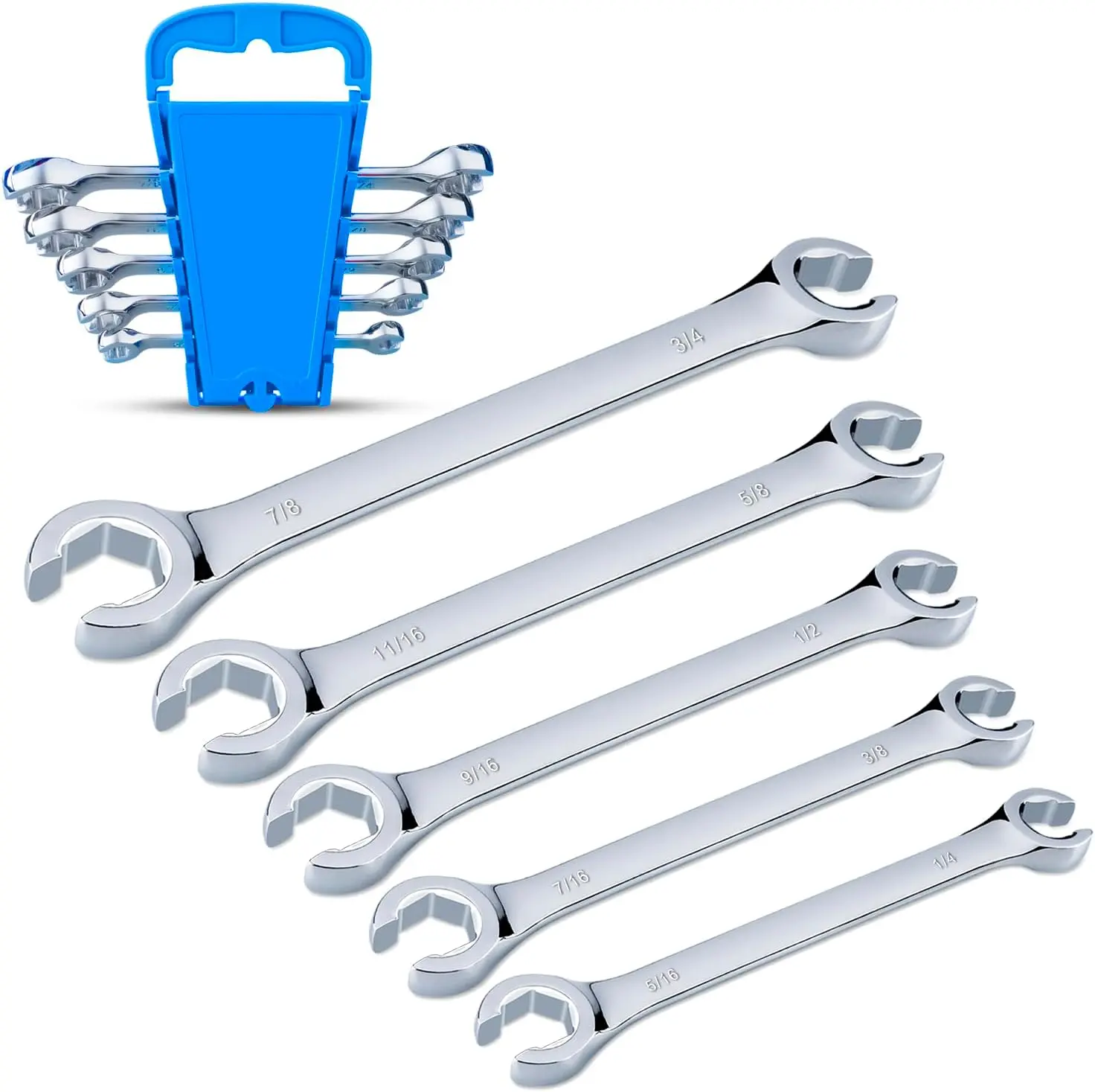 5- Double-End SAE Flare Nut Wrench Set in Rack, Size 1/4, 5/16, 3/8, 7/16, 1/2, 9/16, 5/8, 11/16, 3/4, 7/8 | Cr-V Steel, 6-Point ,  Line Wrench for , , Air Conditioning