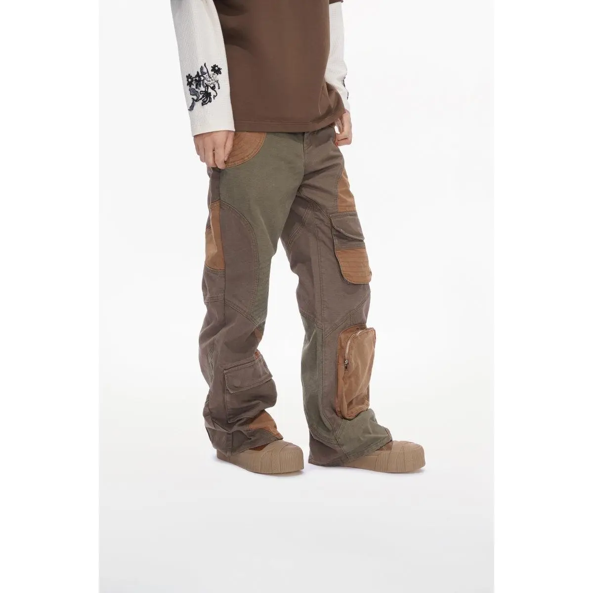 Women's Denim Bottom Pants - Baggy Cargo Design, Brown Multi-Color, Handy Pocket, Everyday Fit, Streetwear Statement Piece for Women