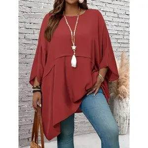 Plus Size Women's Solid Color Loose Fit Round Long Sleeve Casual Top Comfortable Batwing Sleeve Shirt
