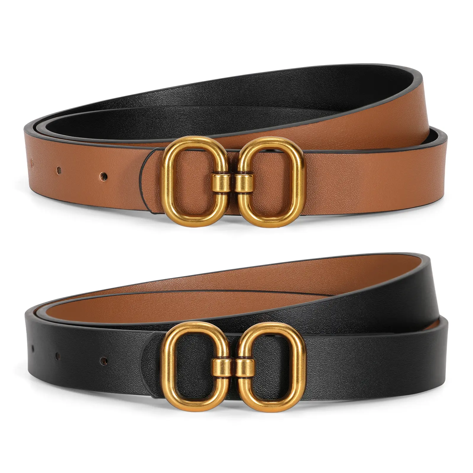XZQTIVE Women's 2-in-1 Adjustable Faux Leather Casual Belt - Gold Buckle, for Jeans Pants (Belts for Women), Adjustable Faux Leather Women's Belts