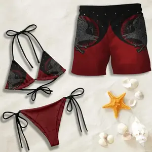 Viking Raven Norse Rune Print Couple Matching Swimwear Halter Triangle Bikini Set Board Shorts Red Black Gothic Beach Summer Pool Party Vacation Swim Outfit