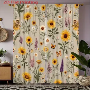 2D Flat, 2pcs Vintage Floral Curtains with Sunflowers & Butterflies - Beige// Mustard Yellow/ Brown/ Green/ Purple/ Gray/ White