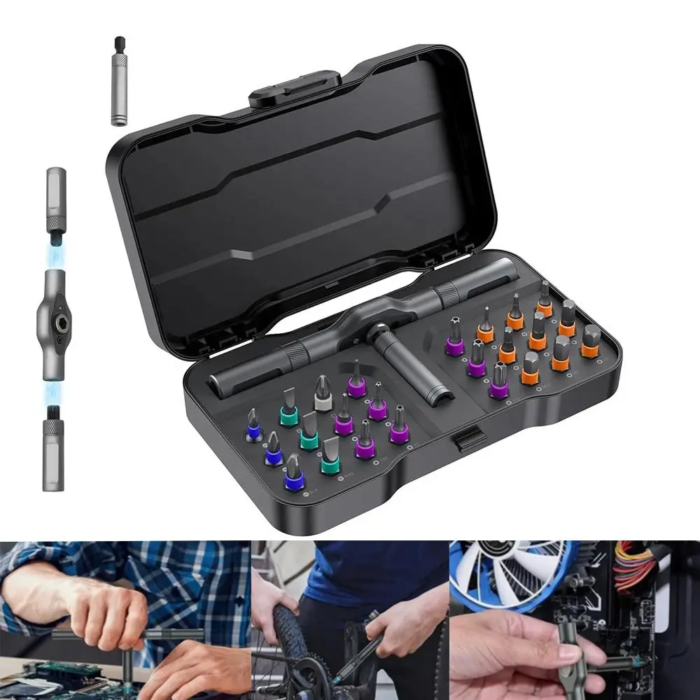 Effort-Saving Ratchet Screwdriver Set, 25-Piece T-Handle Kit with S2 Steel & Torx Bits, Adjustable for Tight Spaces, Precision Screwdriver, Slot, Durable, Detachable Handle, 25 Pieces, 58-Tooth Gear, Adjustable Handle, Aluminum Alloy