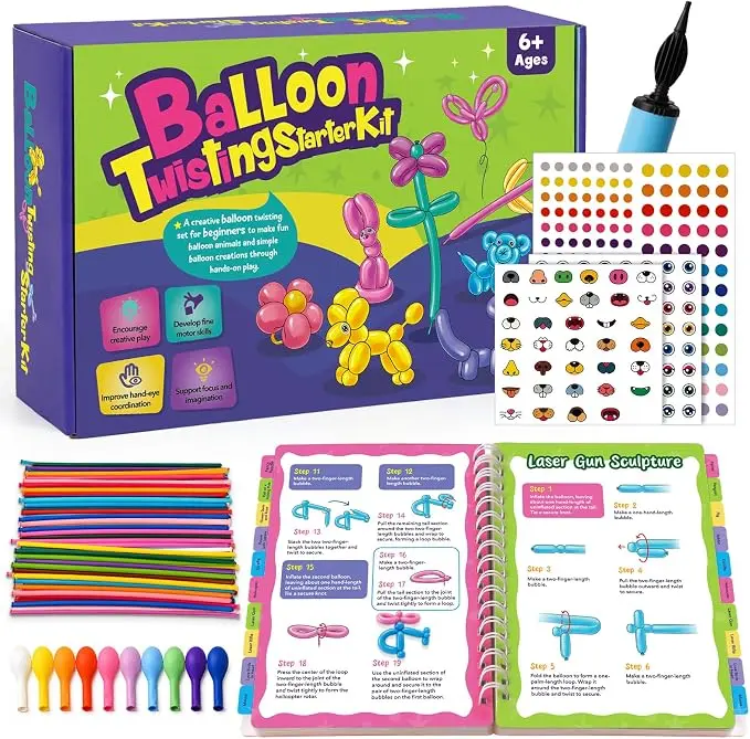 Torlam Balloon Twisting Kit with Pump for Beginners, 30 Balloon Animal Tutorials | 160 premium twisting balloons, ,full-color guidebook, Birthday Gifts for Girls and Boys, Classrooms, Family Fun