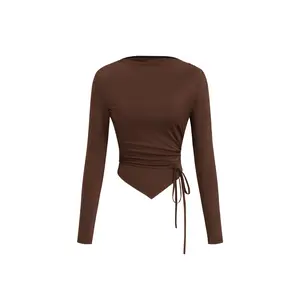 Cider Boat Neck Long Sleeve Ruched Tie Side Asymmetrical Hem Top Dealsforyou