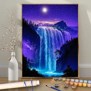 1PCS Purple Moonlight Waterfall, 16x20 Inches - Frameless - DIY Acrylic Painting for Beginners - Paint by Numbers - Handmade Art Kit - Number Painting Kit - Color by Numbers - Diy Decorative Painting - Home Wall Decor and Gift - Frame Not Included