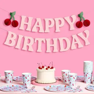 Happy Birthday Cherry Banner - Pink Glitter, 6.5 Ft. | 3D Cherry Garland, Bday Decoration, Accordion Party Sign, Pop Up Photoshoot Backdrop