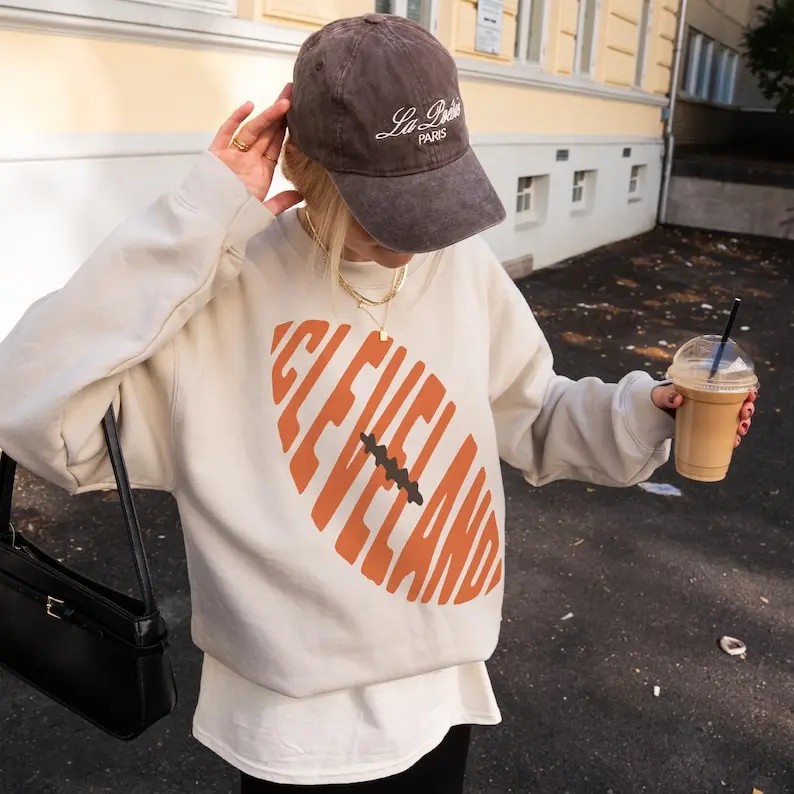 Cleveland Football Sweatshirt, Unisex Retro Orange and Brown Game Day Apparel Crewneck