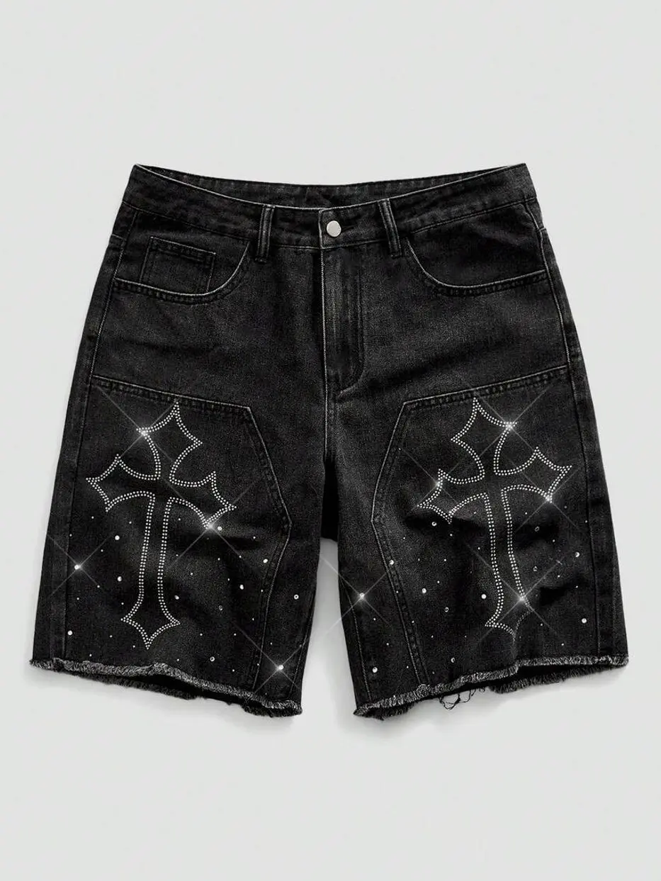 Men shorts - Men's Rhinestone Cross Denim Shorts, Distressed Bling Biker Jean Shorts Streetwear summer clothing trending clothing trending clothes male clothing summer clothes shorts for the summer summer men clothes streetwear streetwear clothing