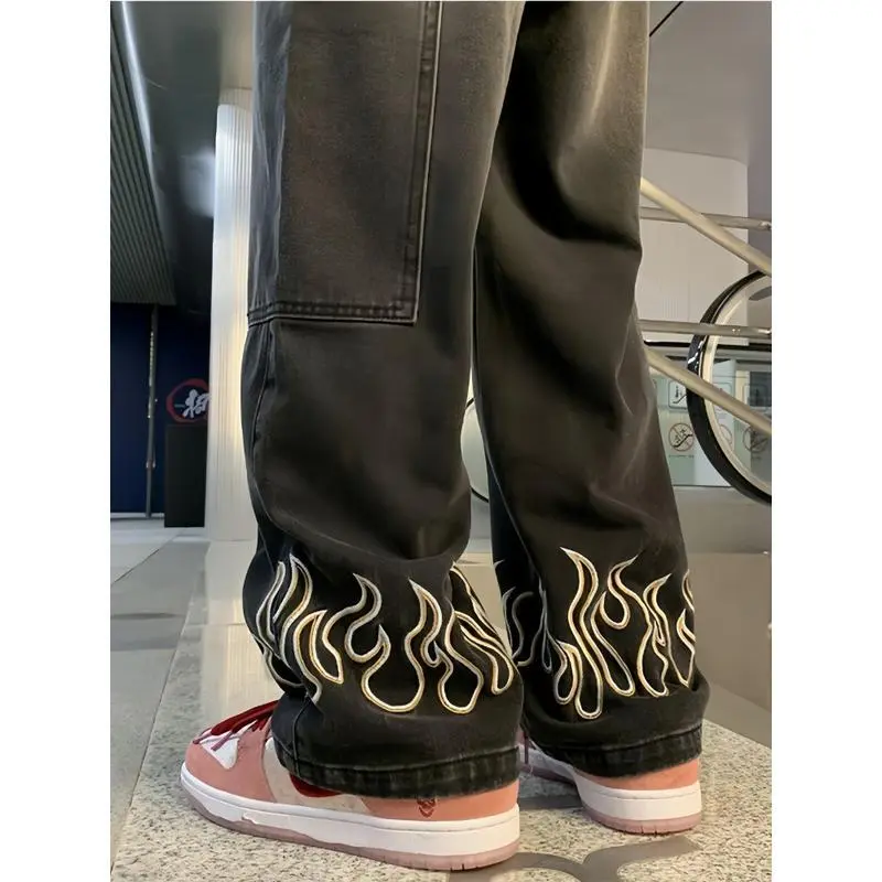 Wide Leg Loose Baggy Jeans For Men, Hip Hop Grunge Demin Pants Star Graphic Joggers