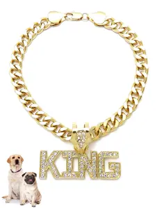 Icemond Rhinestone Studded King Pendant 18"/26" Cuban Chain Pet Necklace in Gold or Rhodium Tone