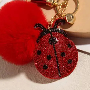 Red Rhinestone Ladybug Tassel Key Chain Pom Pom Ball Key Ring