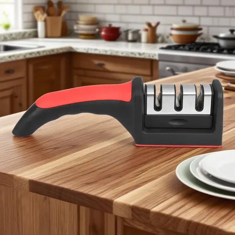 3-in-1 3 Stage Knife Sharpener, Black+Red | Easy & Safe for Home Kitchen Use, Quickly Sharpens & Restores Dull Blades, Fits Most Knives and Scissors