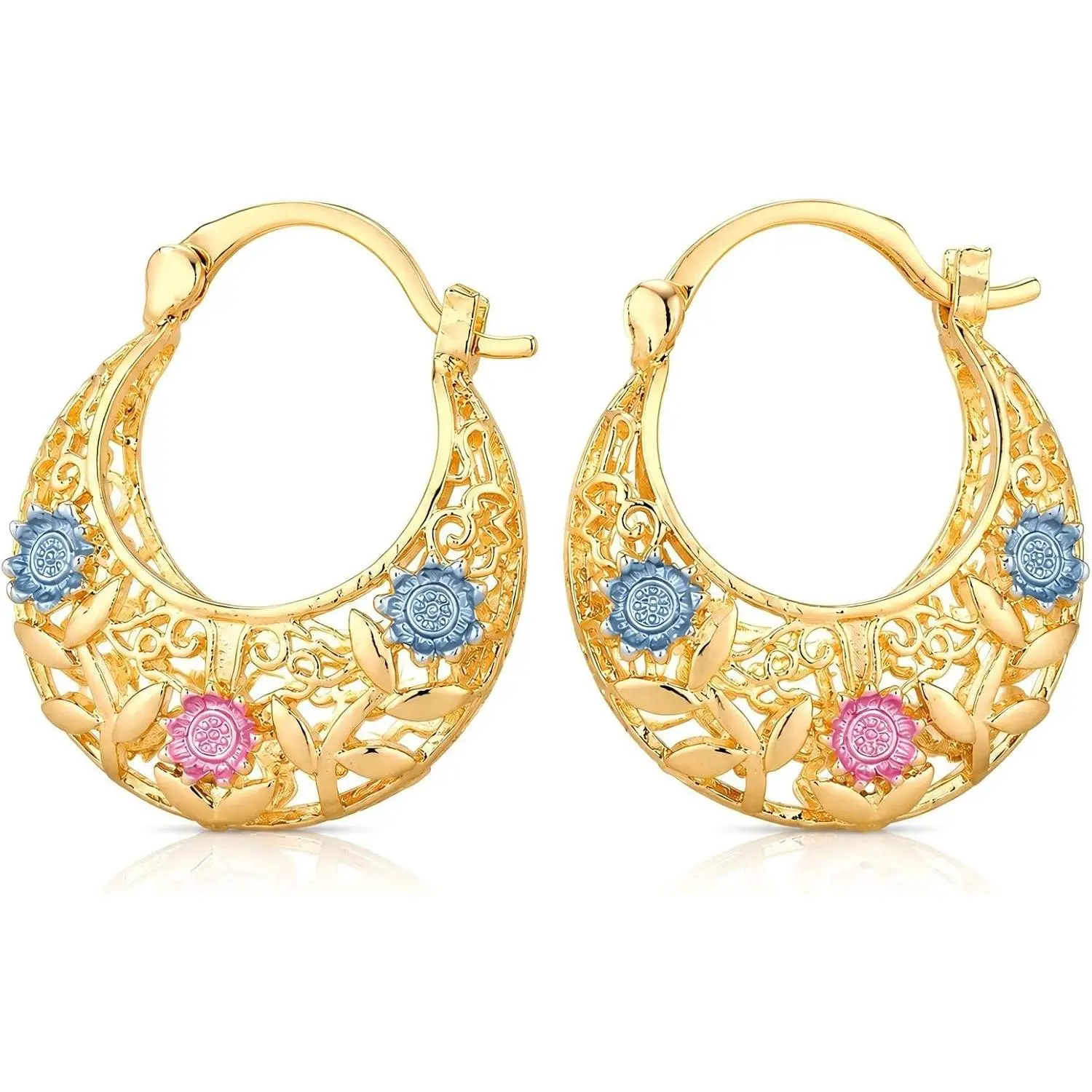 Boho Vintage Crescent Moon Earrings, Gold Plated Enamel Flower Statement Earrings, Lightweight Latch Back Jewelry