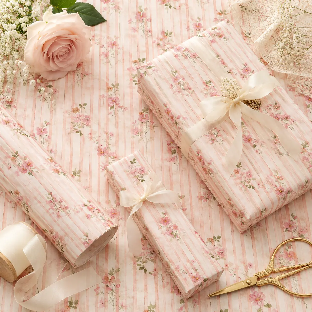 Soft Pink Stripe Wildflower Gift Wrapping Paper Sheet - Cute Cottagecore Botanical Floral Wrap for Birthday Baby Shower Valentines Day
