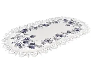 Linens Art And Things - Embroidered Delft Blue Onion Flower on Ivory (11" x 17"/ 14" x 27"/ 15" x 34" / 14" x 54")