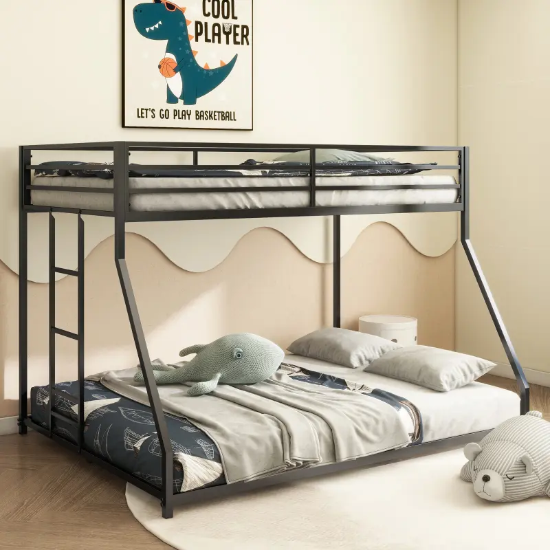 Bellemave Sturdy Twin Over Full Metal Bunk Bed for Kids, Black Low-Profile Classic Square Tube Bed Frame, Reinforced Safety Guardrails, Interchangeable Ladder, Easy Setup, Durable Indoor Furniture, Twin Over Full Bunk Bed